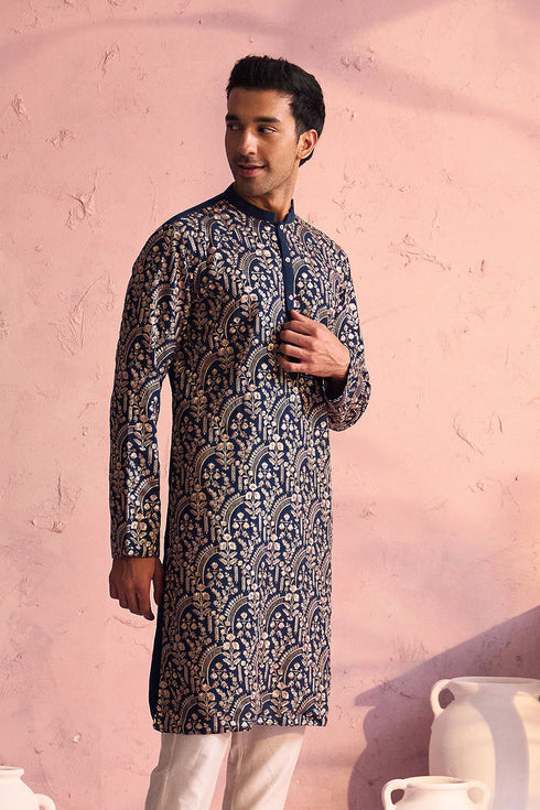 SHRESTHA By VASTRAMAY Men's Bottle Green Georgette Embroidered Kurta